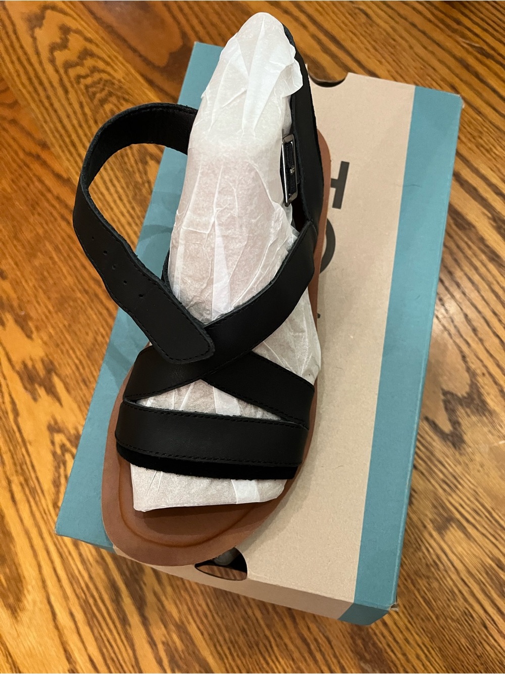 Toms Black Strappy Leather Sandal with Brown Footbed